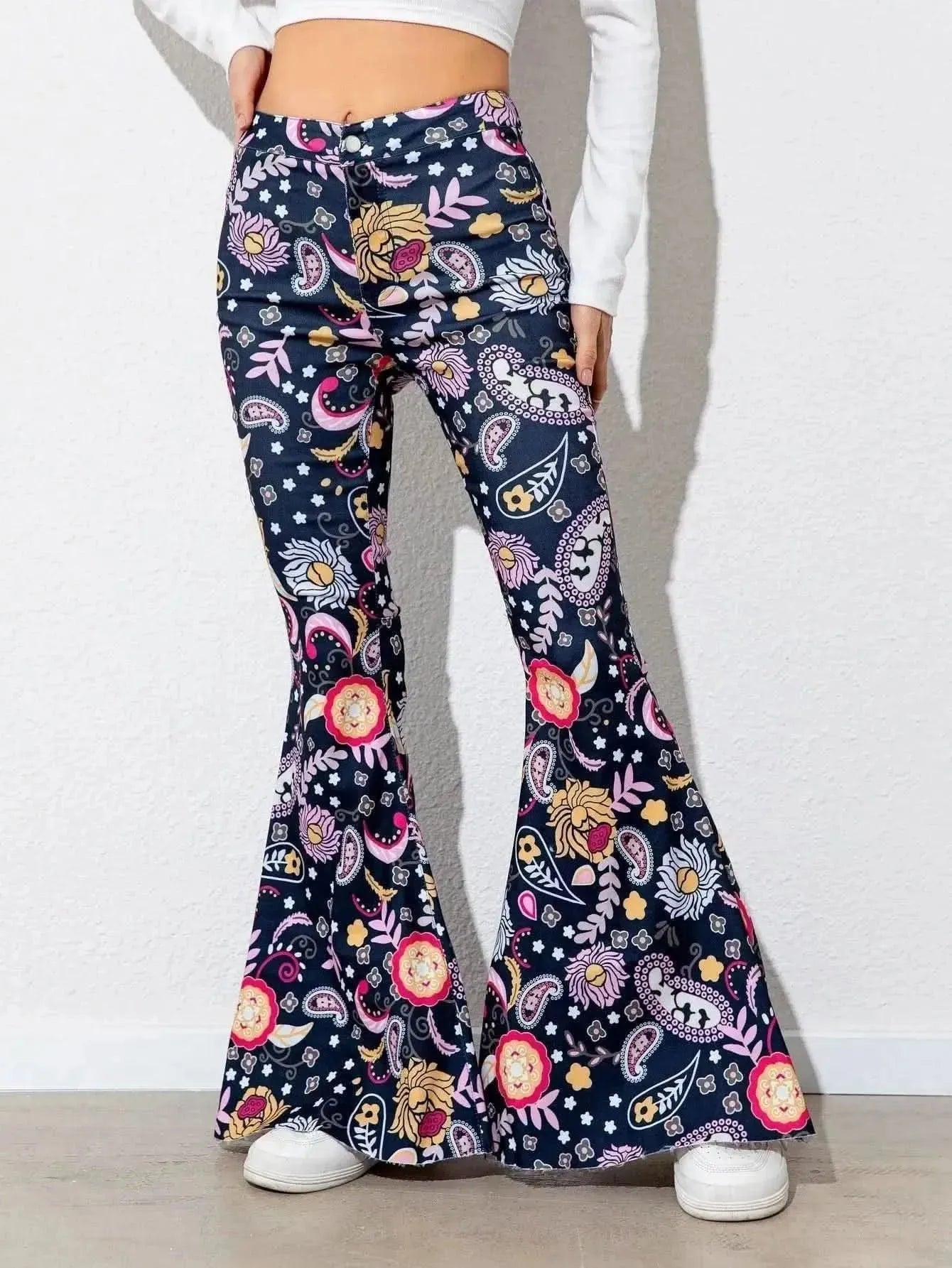 Floral High Waist Flare Leg Pants - Bad Moms Club