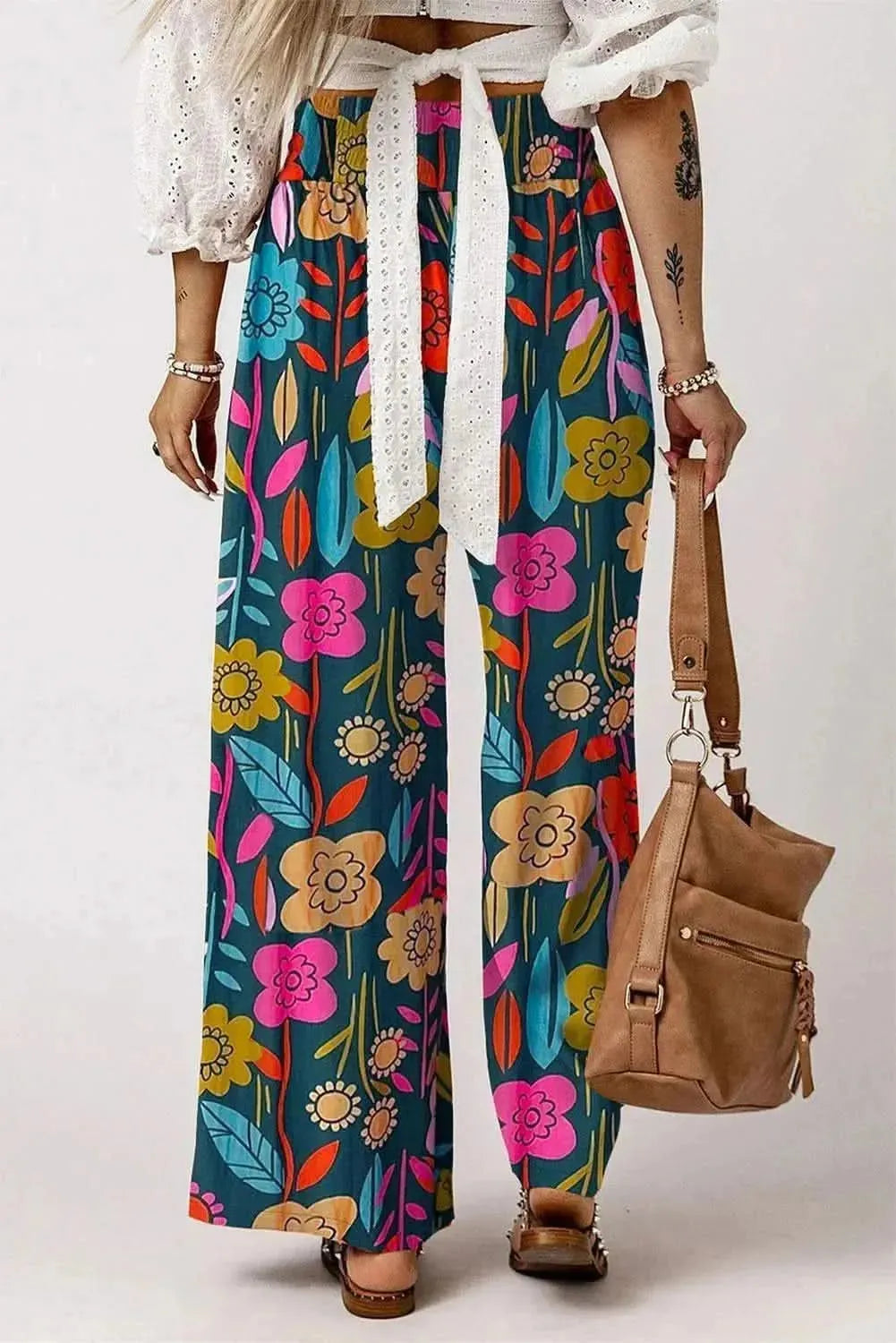 Printed High Waist Wide Leg Pants - Bad Moms Club