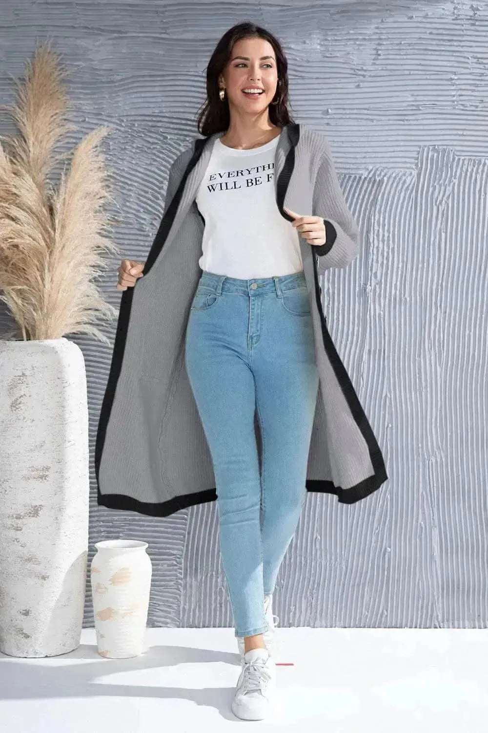 Button Up Contrast Trim Hooded Cardigan - Bad Moms Club
