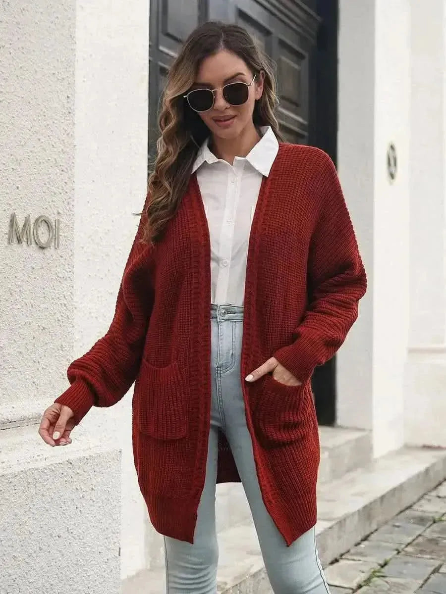 Open Front Rib-Knit Cardigan with Pockets - Bad Moms Club