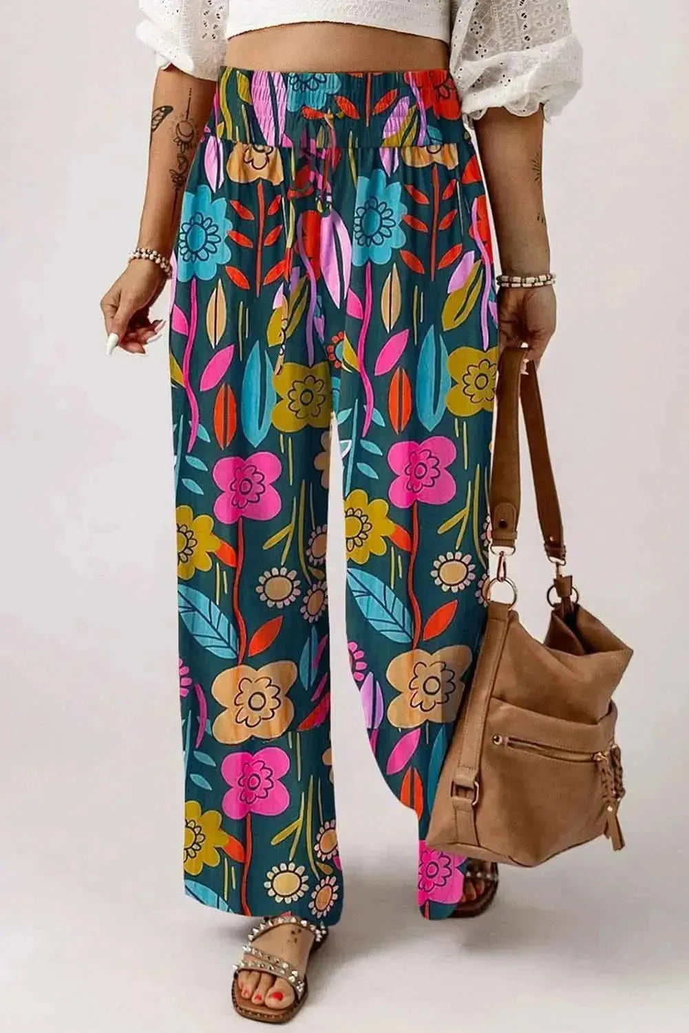 Printed High Waist Wide Leg Pants - Bad Moms Club