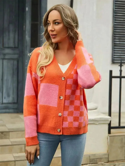 Plaid V-Neck Dropped Shoulder Cardigan - Bad Moms Club
