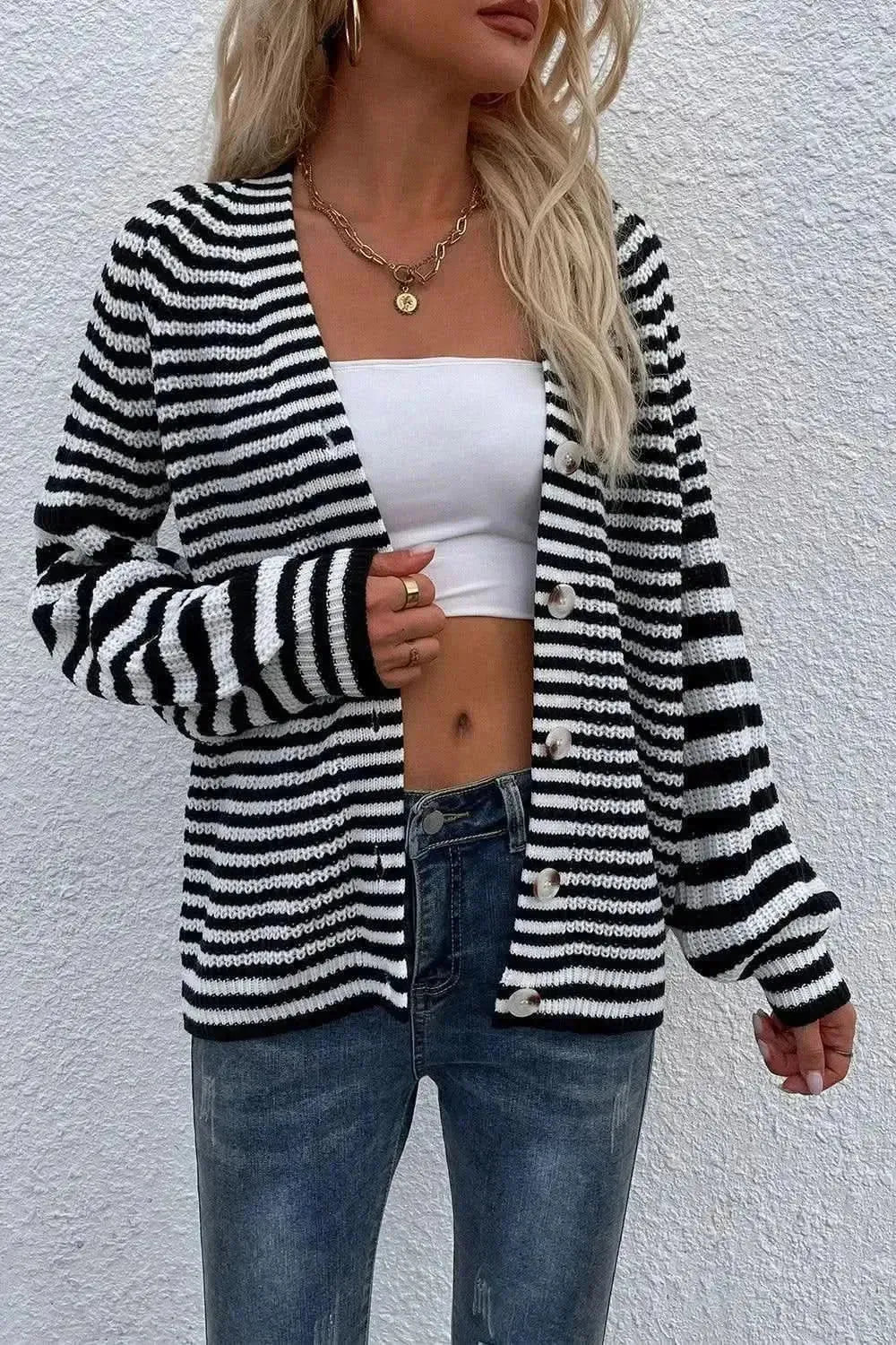 Striped V-Neck Button-Down Cardigan - Bad Moms Club