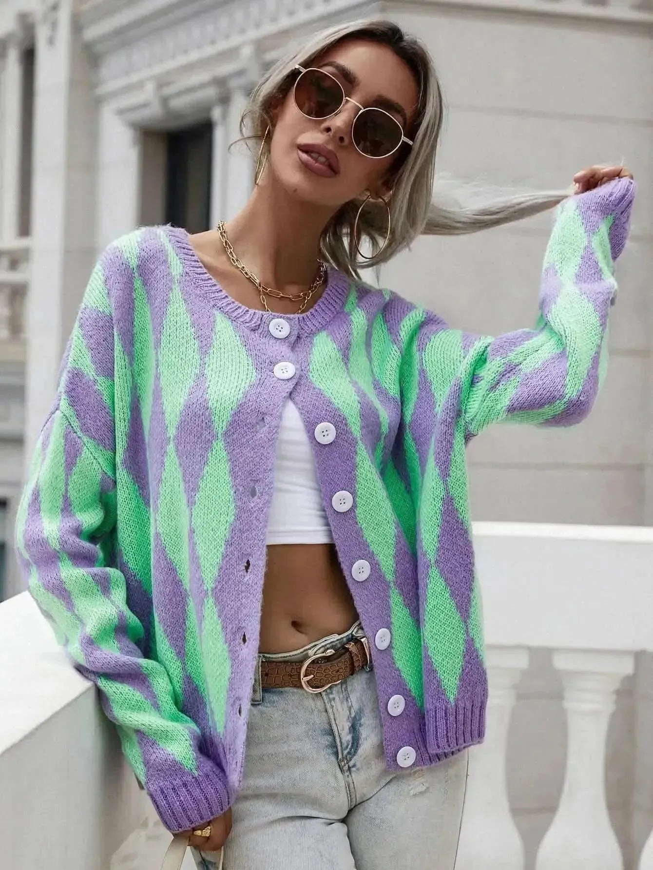 Woven Right Argyle Button Front Drop Shoulder Cardigan - Bad Moms Club