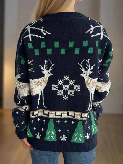 Christmas Element Round Neck Long Sleeve Sweater - Bad Moms Club