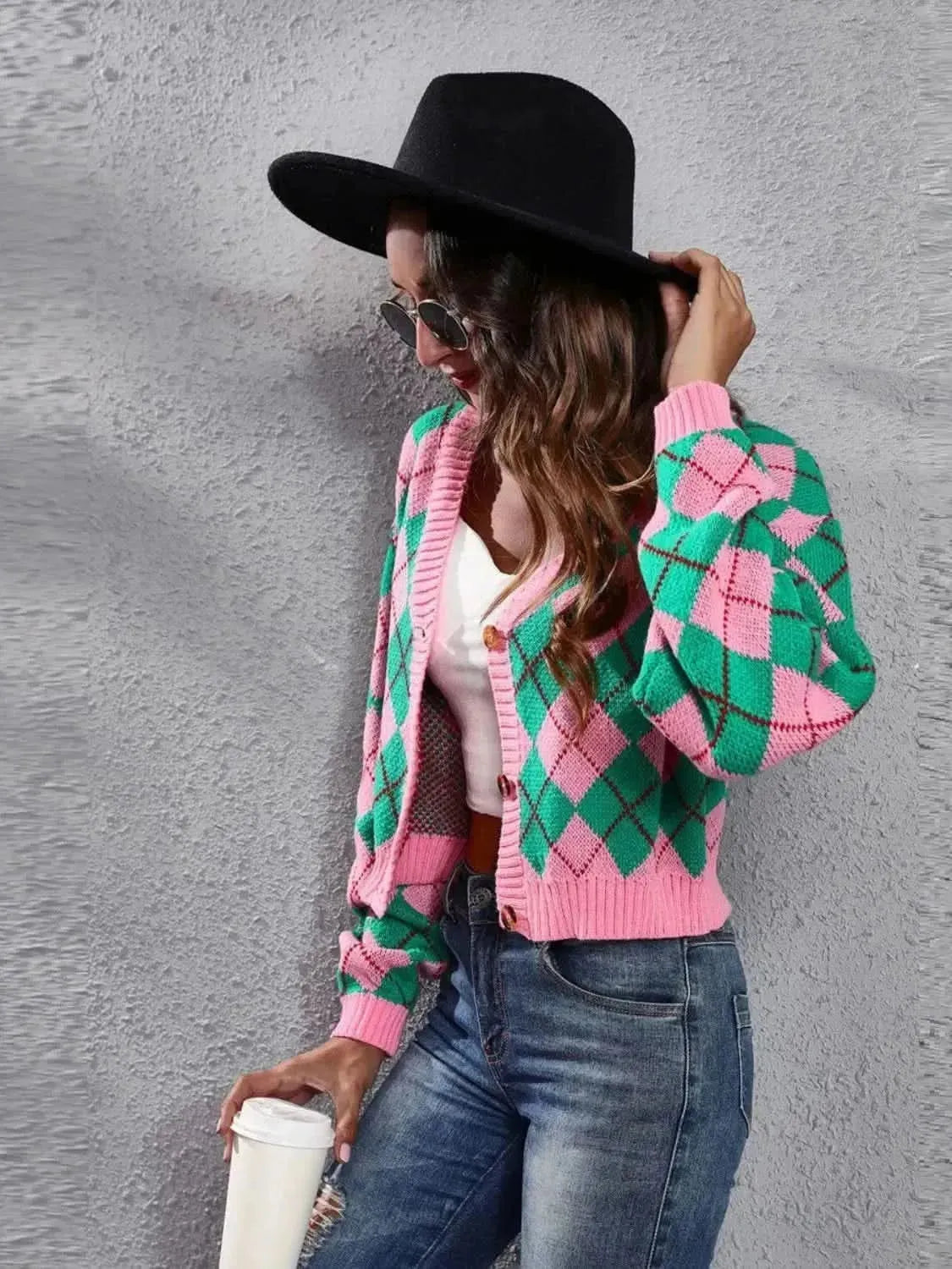 Geometric Button Up Long Sleeve Cardigan - Bad Moms Club