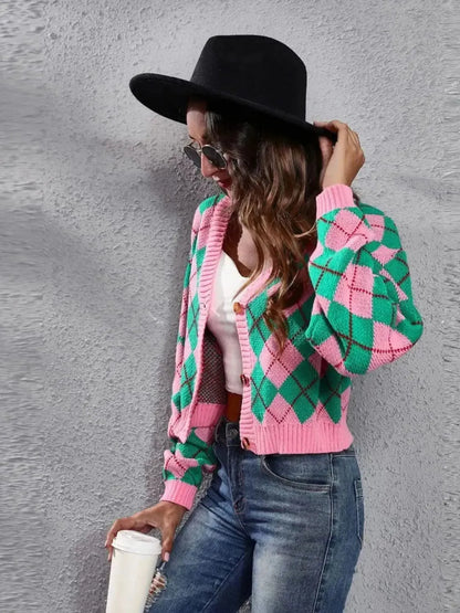 Geometric Button Up Long Sleeve Cardigan - Bad Moms Club
