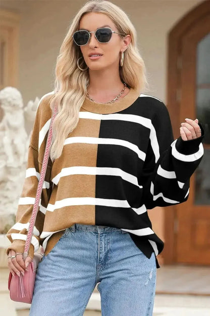 Striped Round Neck Long Sleeve Knit Top - Bad Moms Club