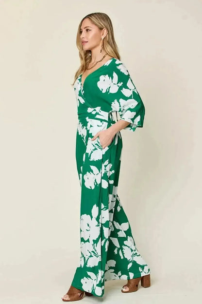 Double Take Full Size Printed Tie Back Wide Leg Jumpsuit - Bad Moms Club