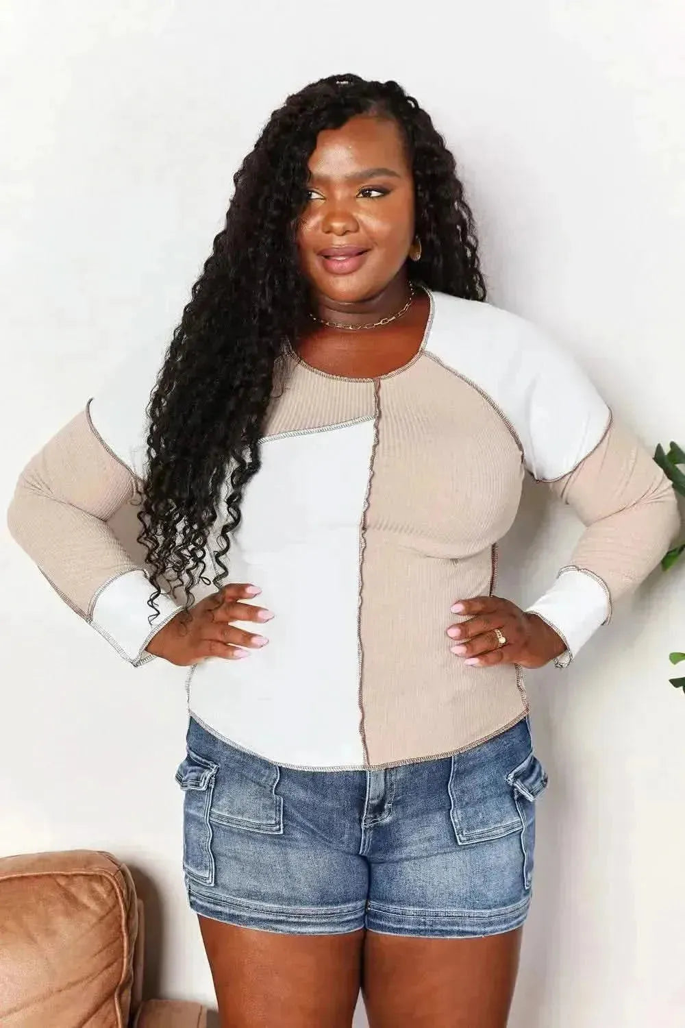 Double Take Color Block Exposed Seam Top - Bad Moms Club