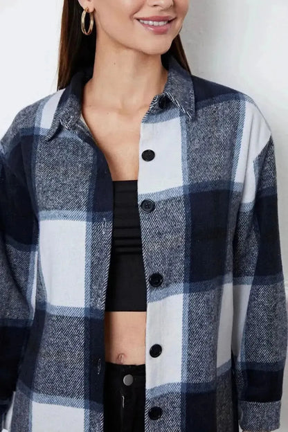 Plaid Button Up Collared Neck Outerwear - Bad Moms Club
