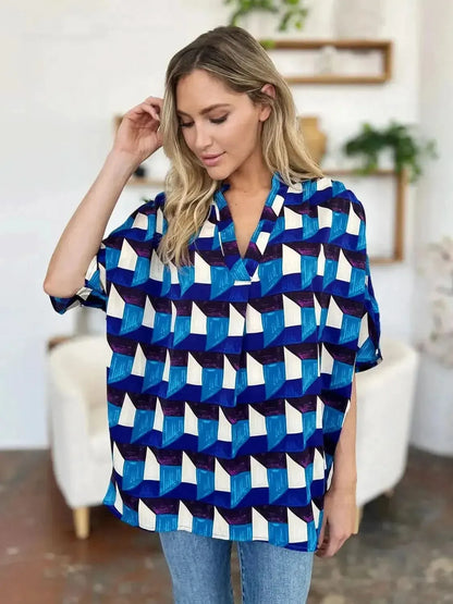 Double Take Full Size Geometric Notched Half Sleeve Blouse - Bad Moms Club