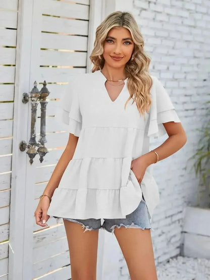 Tiered Notched Short Sleeve Blouse - Bad Moms Club