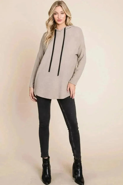 BOMBOM Contrast Drawstring Drop Shoulder Knit Hoodie - Bad Moms Club