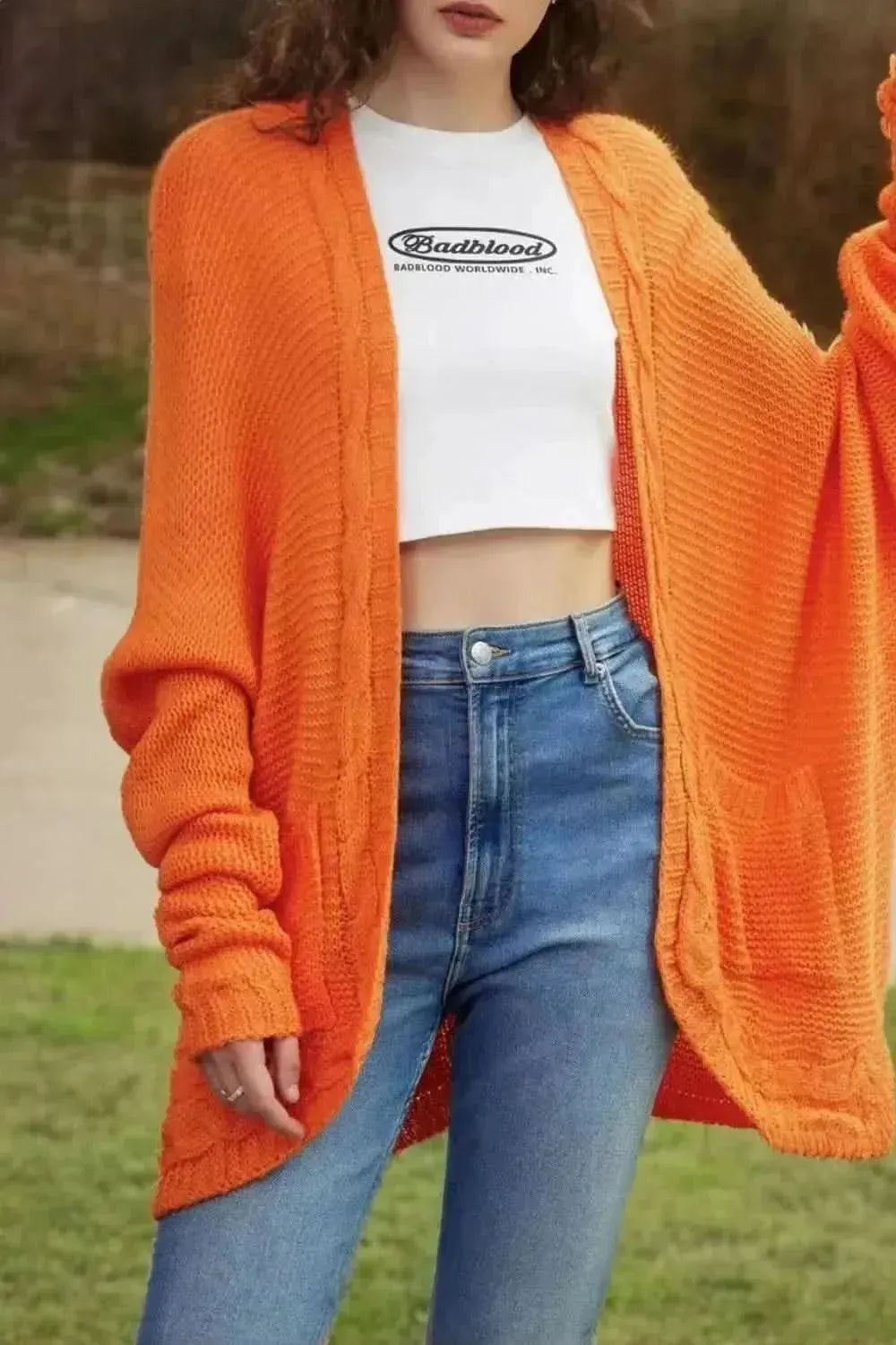 Cable-Knit Open Front Cardigan with Pockets - Bad Moms Club