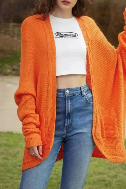 Cable-Knit Open Front Cardigan with Pockets - Bad Moms Club