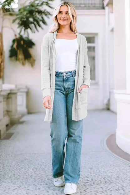 Pocketed Open Front Long Sleeve Cardigan - Bad Moms Club