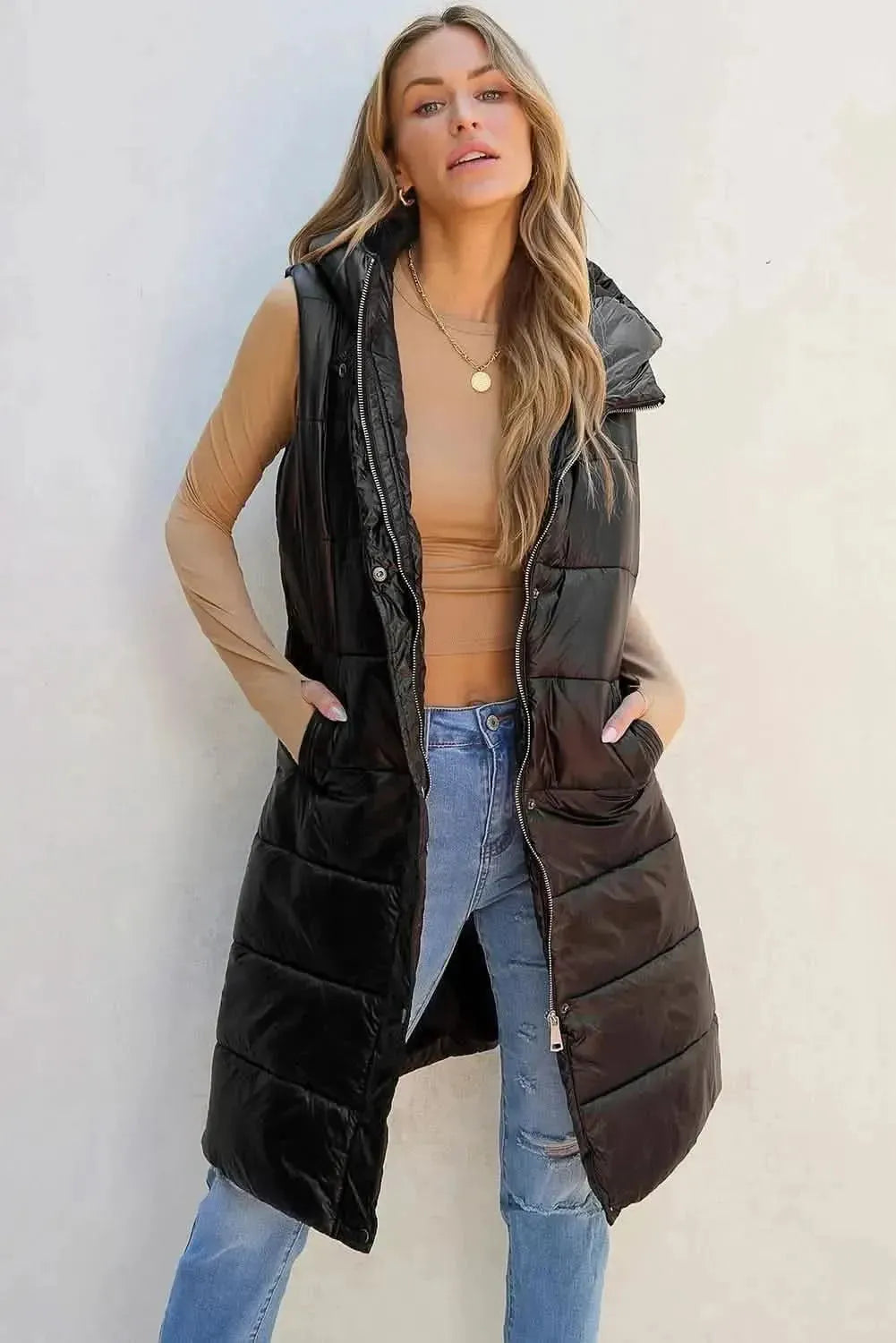Longline Hooded Sleeveless Puffer Vest - Bad Moms Club