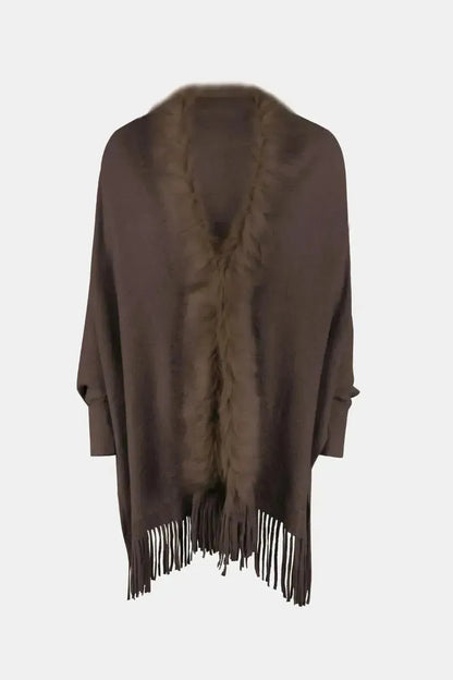 Fringe Open Front Long Sleeve Poncho - Bad Moms Club