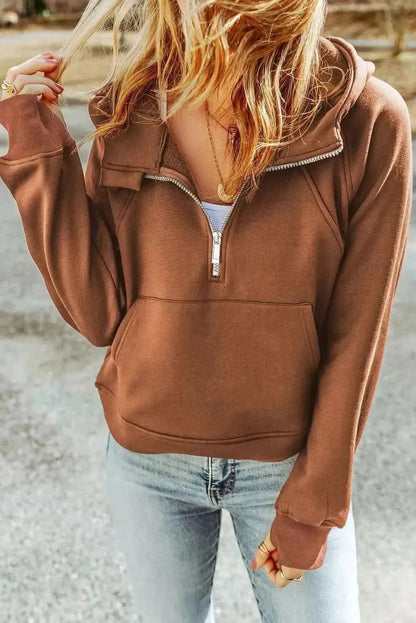 Double Take Half-Zip Thumbhole Sleeve Hoodie - Bad Moms Club