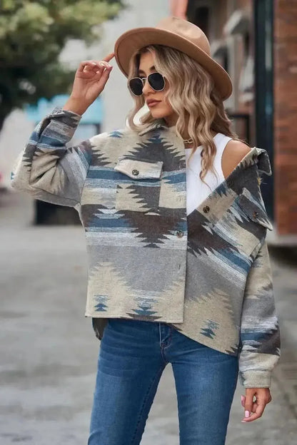 Printed Collared Neck Jacket - Bad Moms Club