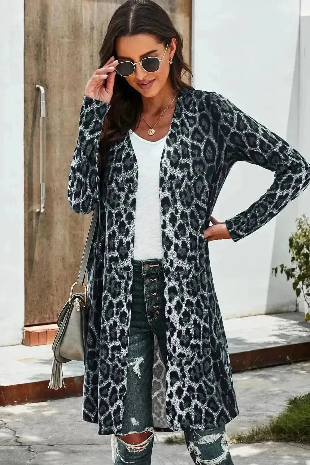 Double Take Printed Open Front Longline Cardigan - Bad Moms Club