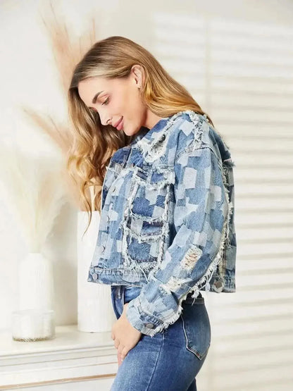 Plaid Raw Hem Dropped Shoulder Denim Jacket - Bad Moms Club