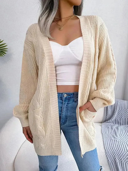 Cable-Knit Open Front Pocketed Cardigan - Bad Moms Club