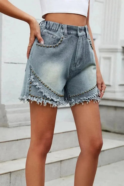 Raw Hem Studded Denim Shorts - Bad Moms Club
