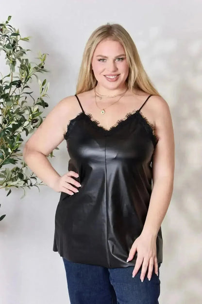 Heimish Full Size Faux Leather Lace Trim Cami - Bad Moms Club