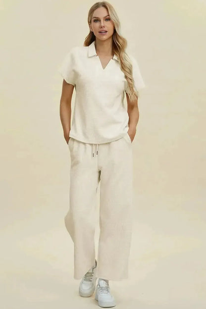 Double Take Full Size Collared Neck Short Sleeve Top and Pants Set - Bad Moms Club