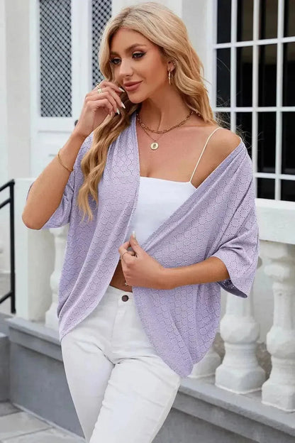 Eyelet Open Front Half Sleeve Cardigan - Bad Moms Club