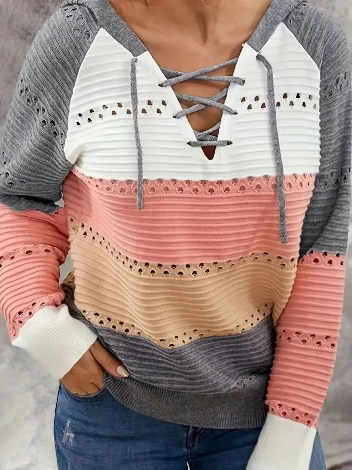 Lace-Up Contrast Long Sleeve Hooded Sweater - Bad Moms Club