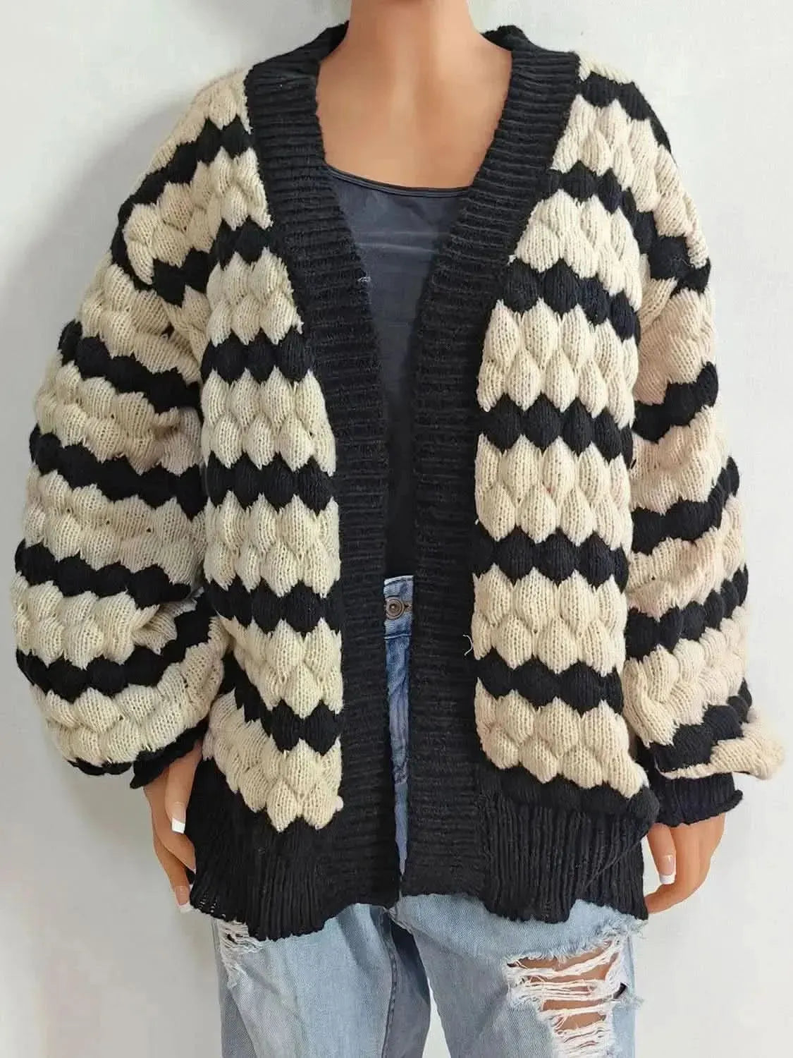 Striped Contrast Open Front Long Sleeve Cardigan - Bad Moms Club