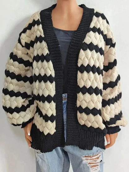 Striped Contrast Open Front Long Sleeve Cardigan - Bad Moms Club