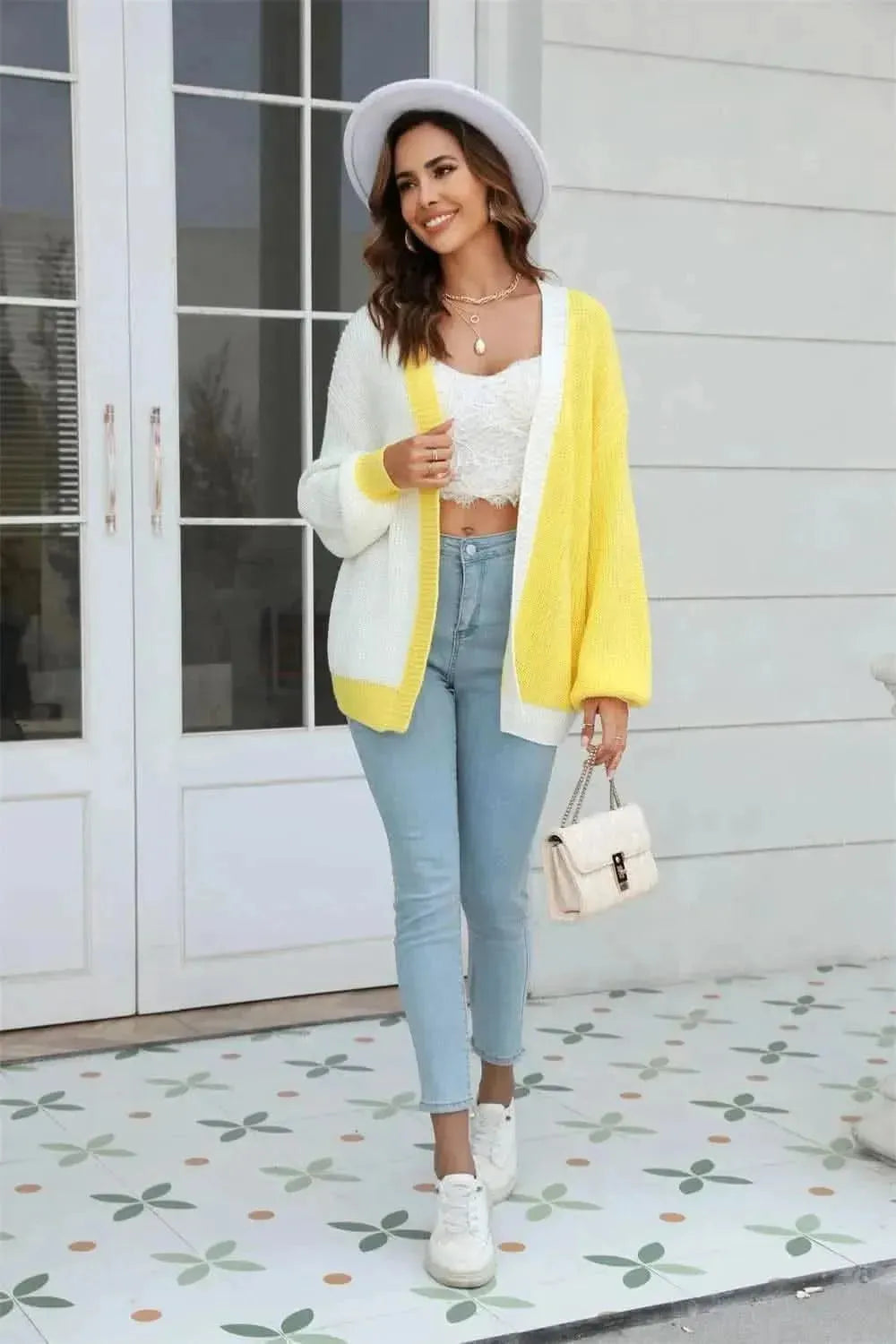 Open Front Contrast Color Balloon Sleeve Cardigan - Bad Moms Club