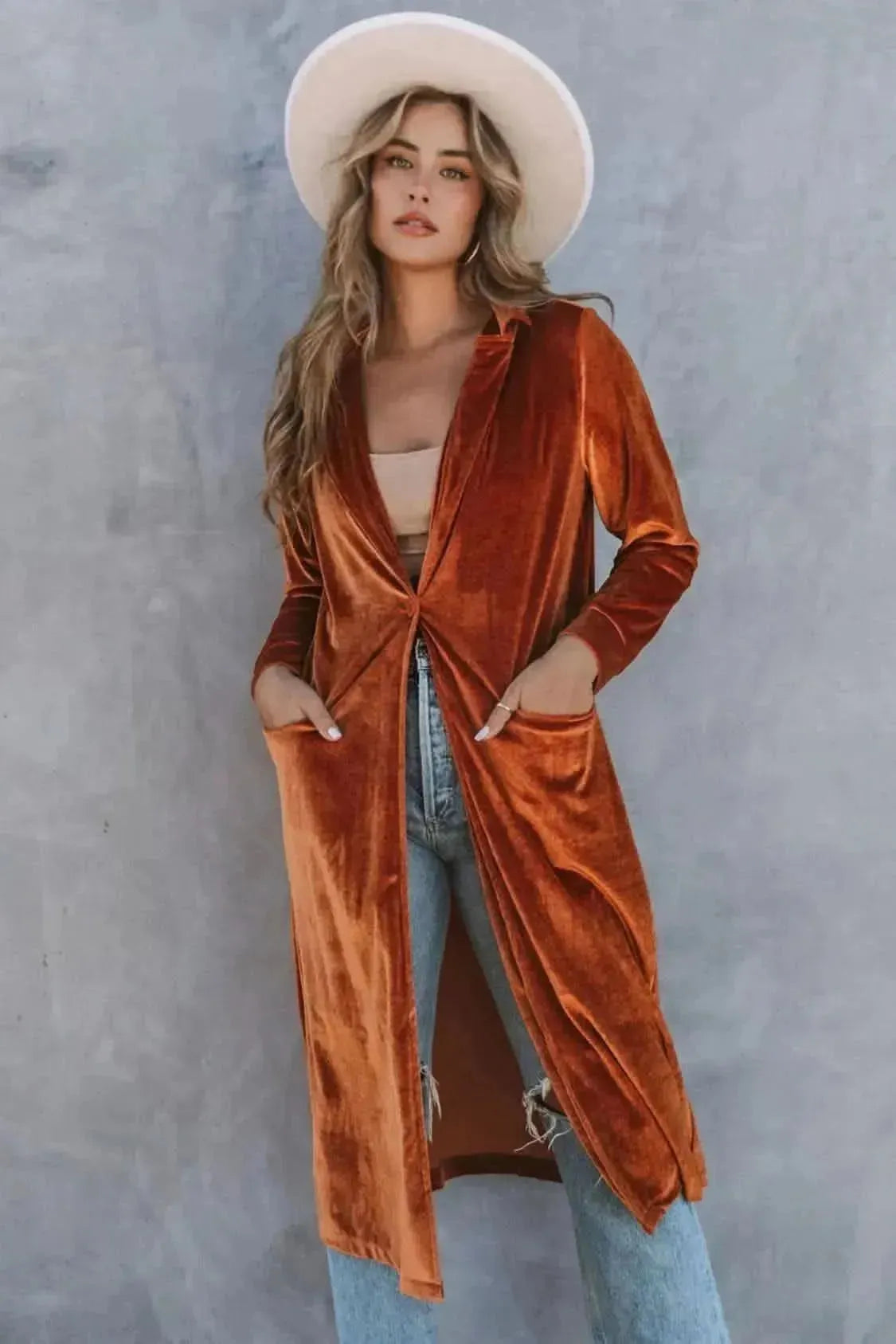Collared Neck Longline Velvet Cardigan with Pockets - Bad Moms Club