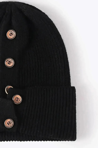 Button Detail Rib-Knit Cuff Beanie - Bad Moms Club