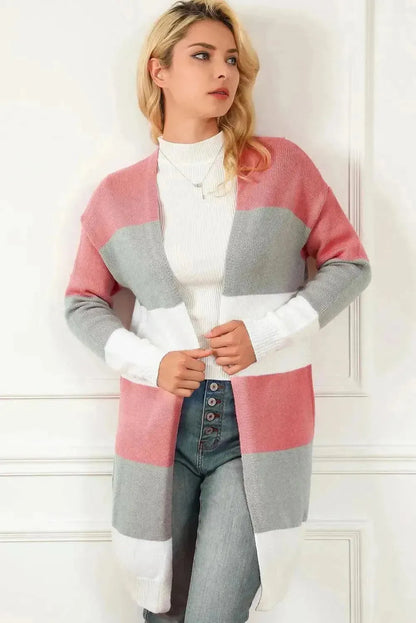 Striped Open Front Long Sleeve Cardigan - Bad Moms Club