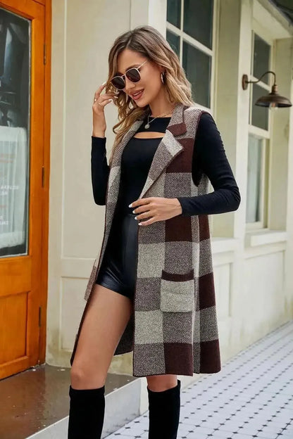 Plaid Open Front Sleeveless Cardigan with Pockets - Bad Moms Club