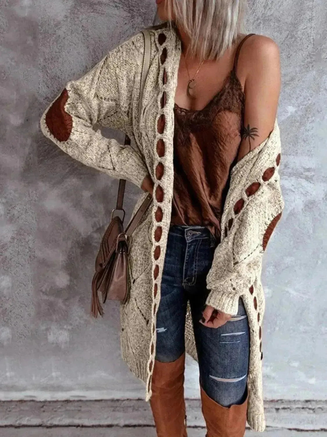 Openwork Long Sleeve Open Front Hooded Cardigan - Bad Moms Club