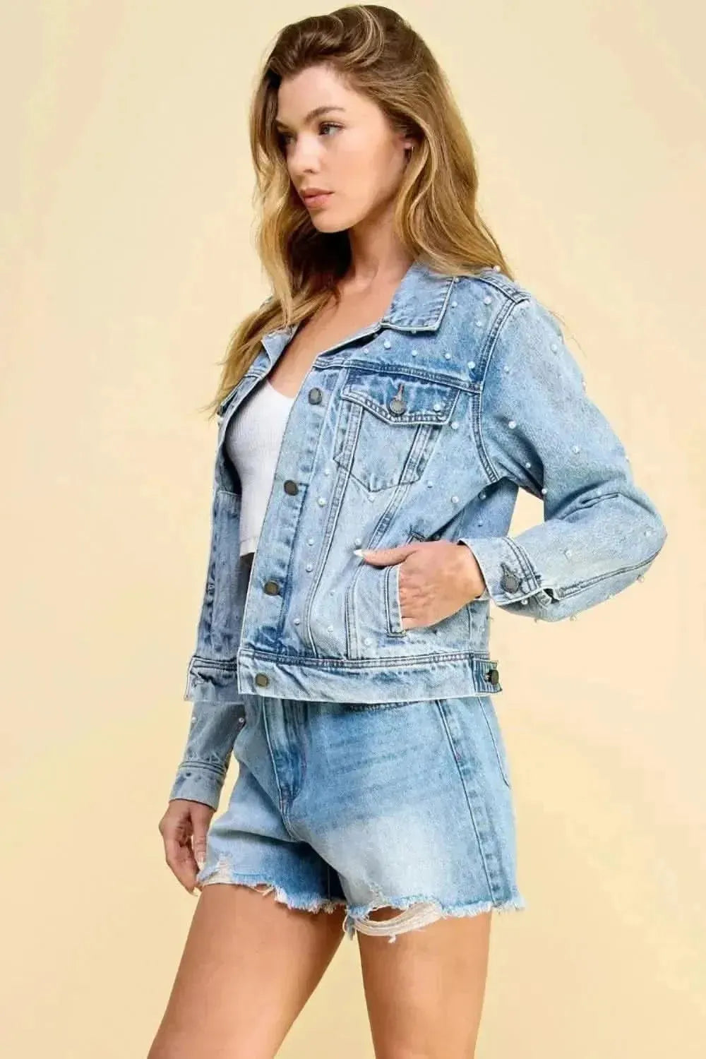 Veveret Button Up Pearl Detail Long Sleeve Denim Jacket - Bad Moms Club
