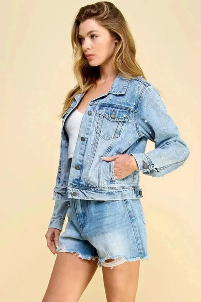 Veveret Button Up Pearl Detail Long Sleeve Denim Jacket - Bad Moms Club