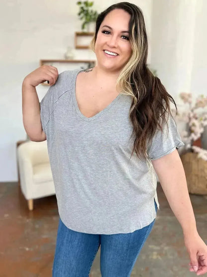 Basic Bae Full Size Bamboo Slit V-Neck Short Sleeve T-Shirt - Bad Moms Club
