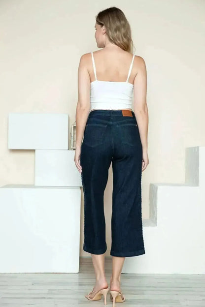Judy Blue Full Size Side Seam Braid Detail Crop Wide Leg Jeans - Bad Moms Club