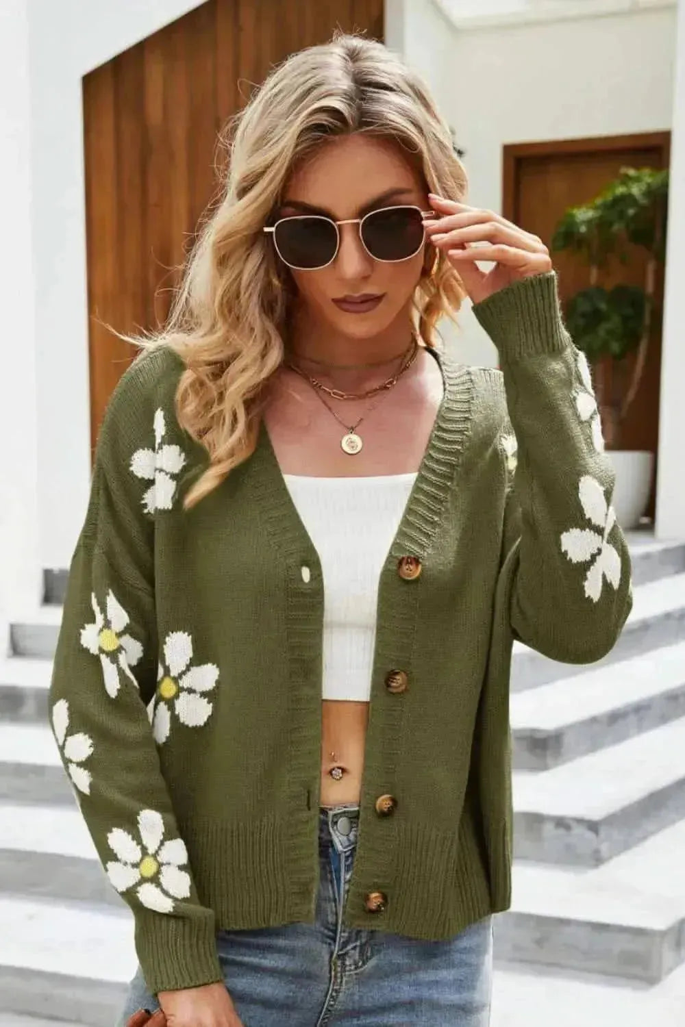 Floral Ribbed Trim Drop Shoulder Cardigan - Bad Moms Club