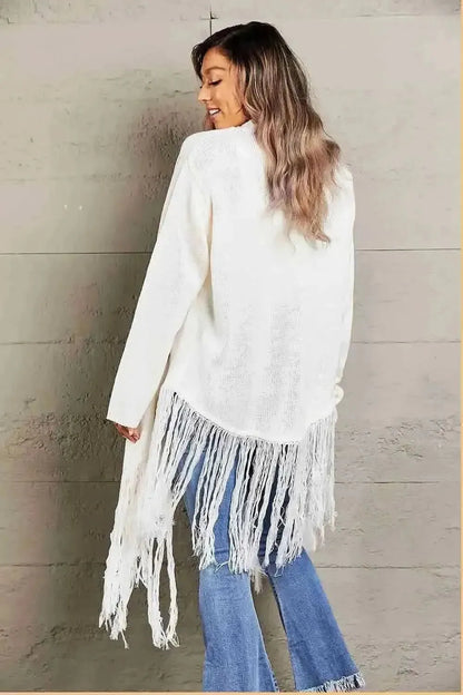 Fringe Hem Open Front Ribbed Trim Cardigan - Bad Moms Club
