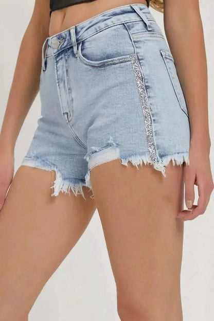 RISEN Full Size High Rise Rhinestone Strap Embellished Denim Shorts - Bad Moms Club