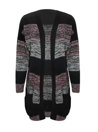 Striped Open Front Long Sleeve Cardigan with Pockets - Bad Moms Club