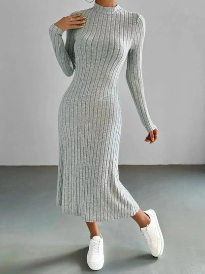 Ribbed Mock Neck Long Sleeve Midi Sweater Dress - Bad Moms Club
